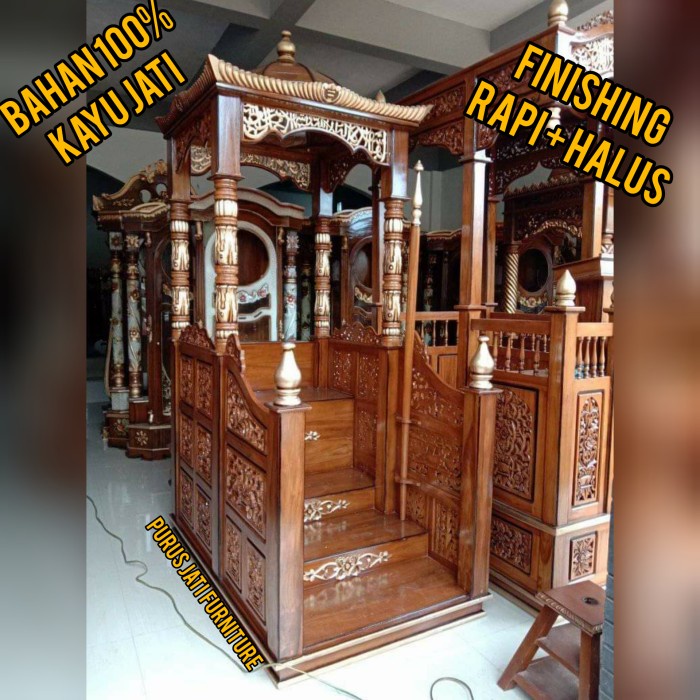 PJ1 Mimbar Masjid Kayu Jati Ukiran Jepara Atap Kubah Pintu Depan + Tongkat - BELUM WARNA