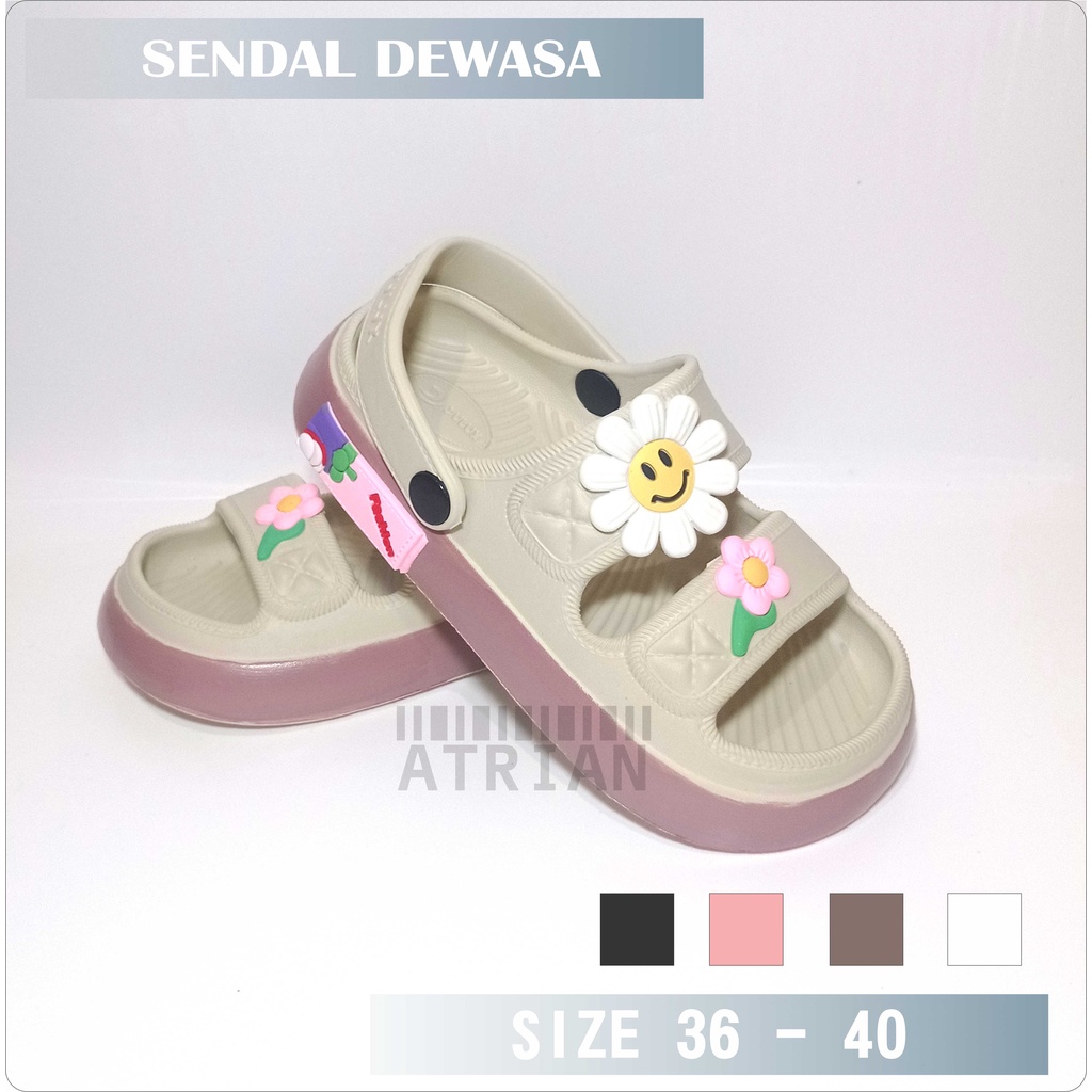 SENDAL DEWASA FLAT CASUAL BARU TALI BELAKANG MOTIF BUNGA BARU KEKINIAN