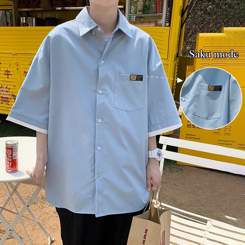 Kemeja Pria Korean Style Lengan Pendek Longgar Shirt Polos  Pria atasan kemeja oversize Baju Laki Laki hitam Kemeja Cowok Atasan pria Oversize terbaru Dua Potong kemeja Blue