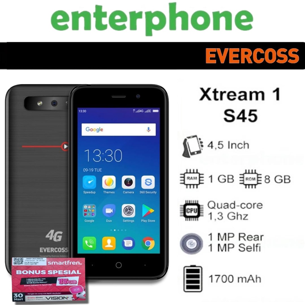 EVERCOSS XTREAM 1 S45 1/8 RAM 1GB INTERNAL 8GB GARANSI RESMI