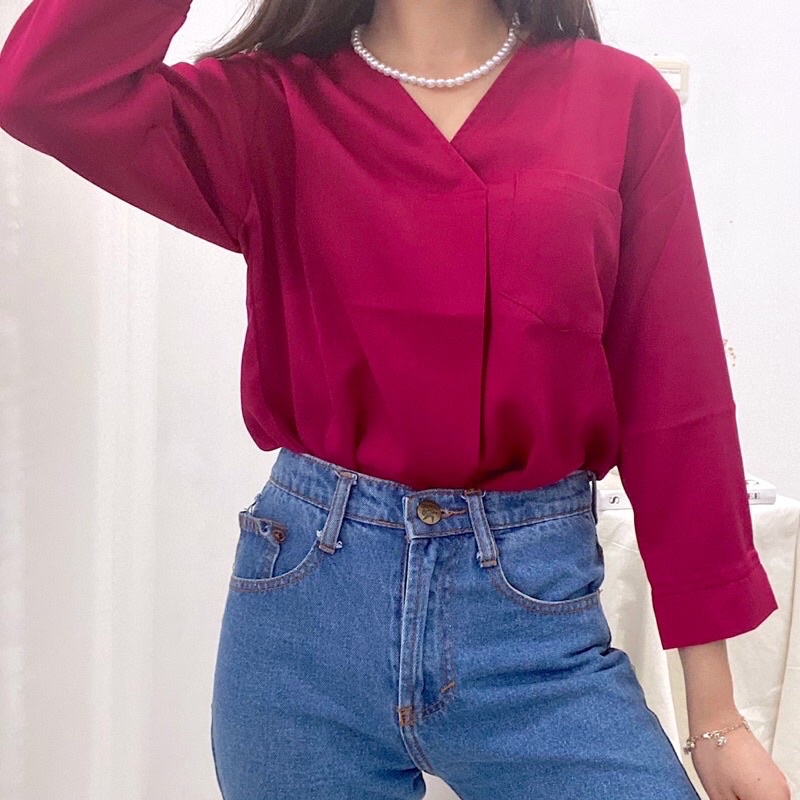 KARINA BLOUSE / BLOUSE LONG SLEEVE / BLOUSE V NECK / BLOUSE KANTOR / BAJU KERJA / ATASAN WANITA LUCU