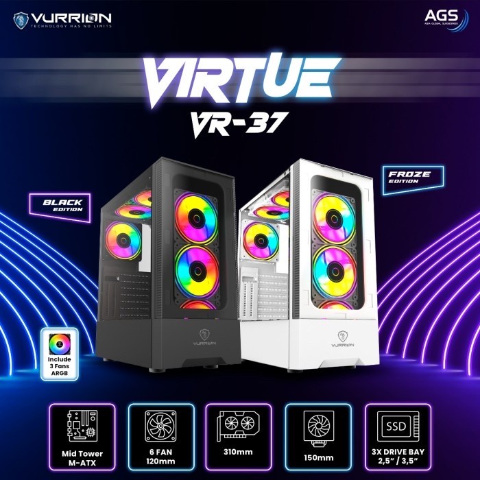 Vurrion Virtue VR 37 Casing Mid Tower ATX Tempered Glass + 3 Fan Case RGB