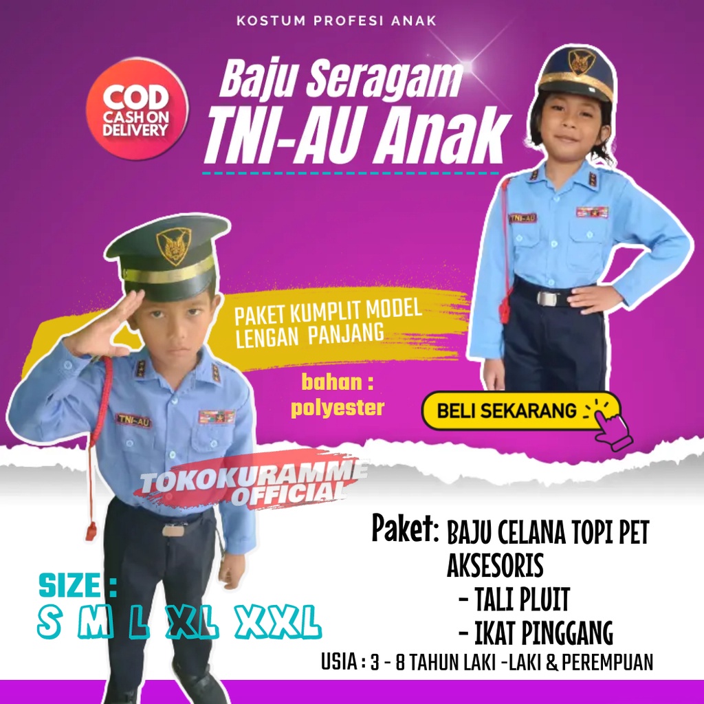 baju tni anak laki laki perempuan 3 tahun kostum karnaval TNI AU anak seragam tk paud terbaru size S