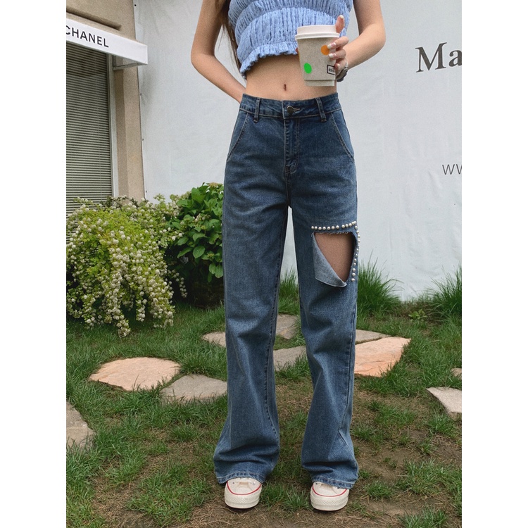 Fashion wanita Korea celana denim high waist jeans celana panjang straight pants loose celana jeans wanita