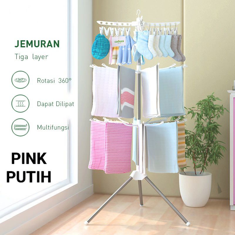 SHENAR Rak Jemuran 24 Klip dan 16 cabang Jemuran Handuk Baju Bayi Celana Dalam Stainless Steel