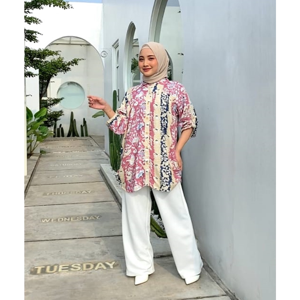 Kemeja Wanita Oversize Kerut Dada Rayon Adem Busui Salem