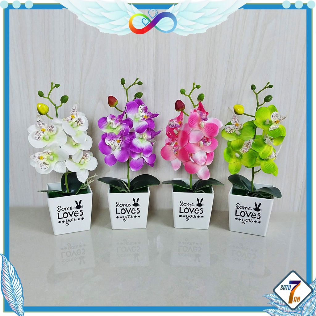 Satu7an PBP08 BUNGA ANGGREK PLASTIK BUNGA PALSU + POT BUNGA DECORATIVE FLOWER LATEX ARTIFICIAL