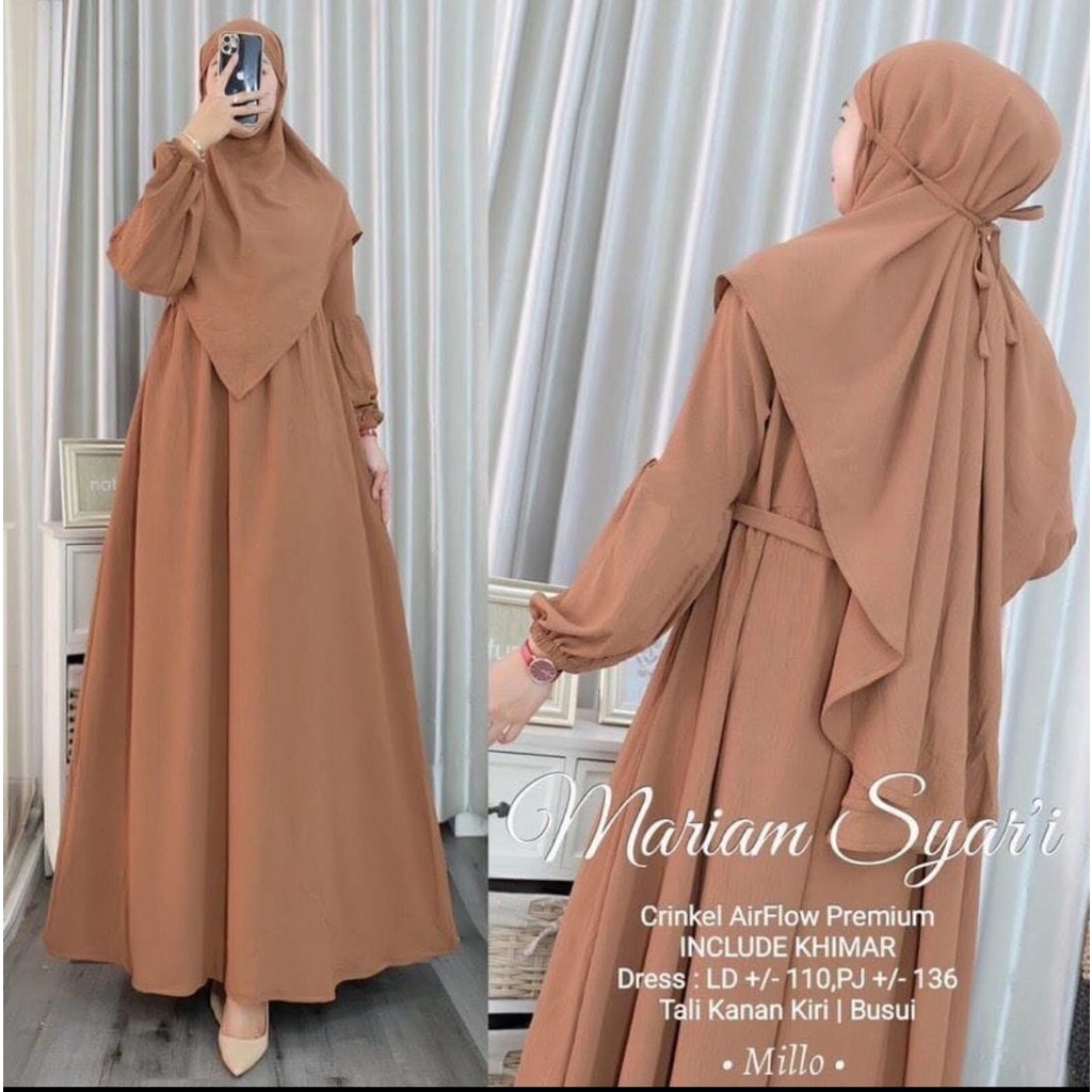 (EKSKLUSIF PREMIUM PRODUK) MARIAM SET KHIMAR SYARI WANITA MUSLIMAH AIRFLOW CRINCKLE DEODORA PREMIUM