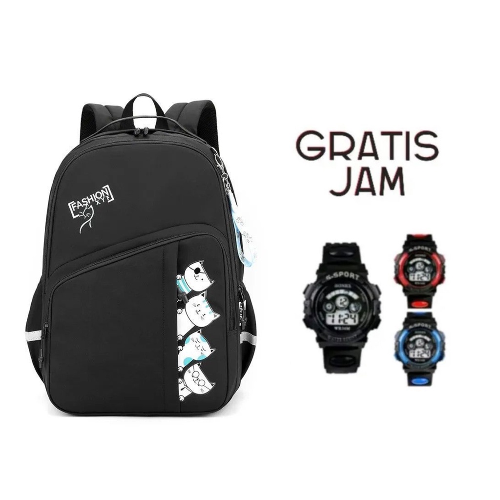 TS STORE - Tas Sekolah Anak Perempuan / Tas Ransel Anak / Tas Punggung / Gratis Jam tangan Sport / Tas Sekolah Cat Make Me Happy