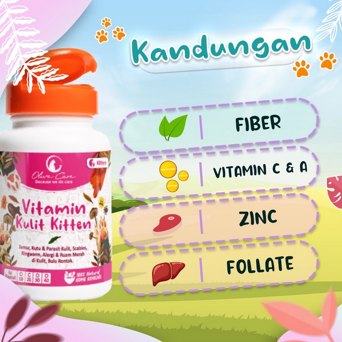 Olive Care Cat Vitamin Kucing Masalah Kulit Kitten Untuk Bulu Rontok, Jamur, Kutu, Scabies, Ringworm, Ruam dan Radang Kulit