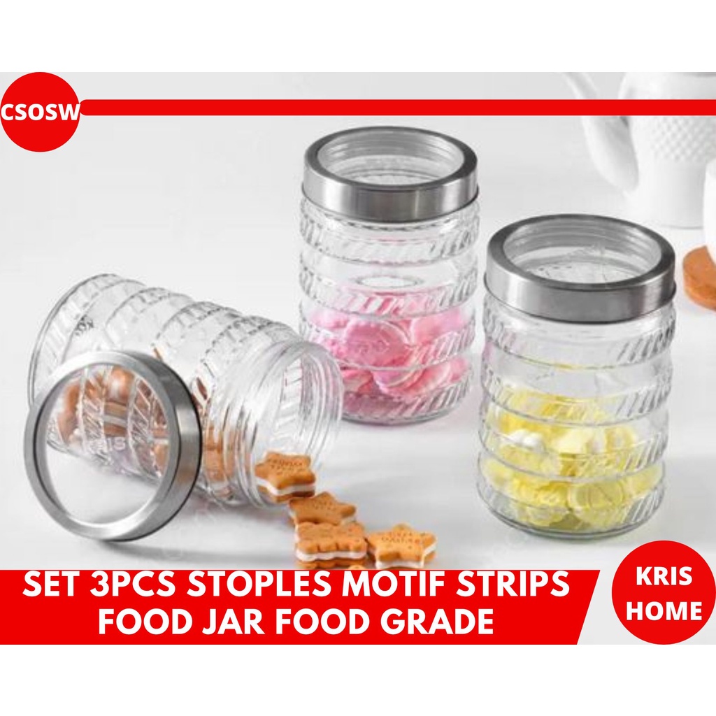 Set 3 Pcs Stoples Makanan Motif Strips Food Jar Food Grade Toples Kaca Krishome
