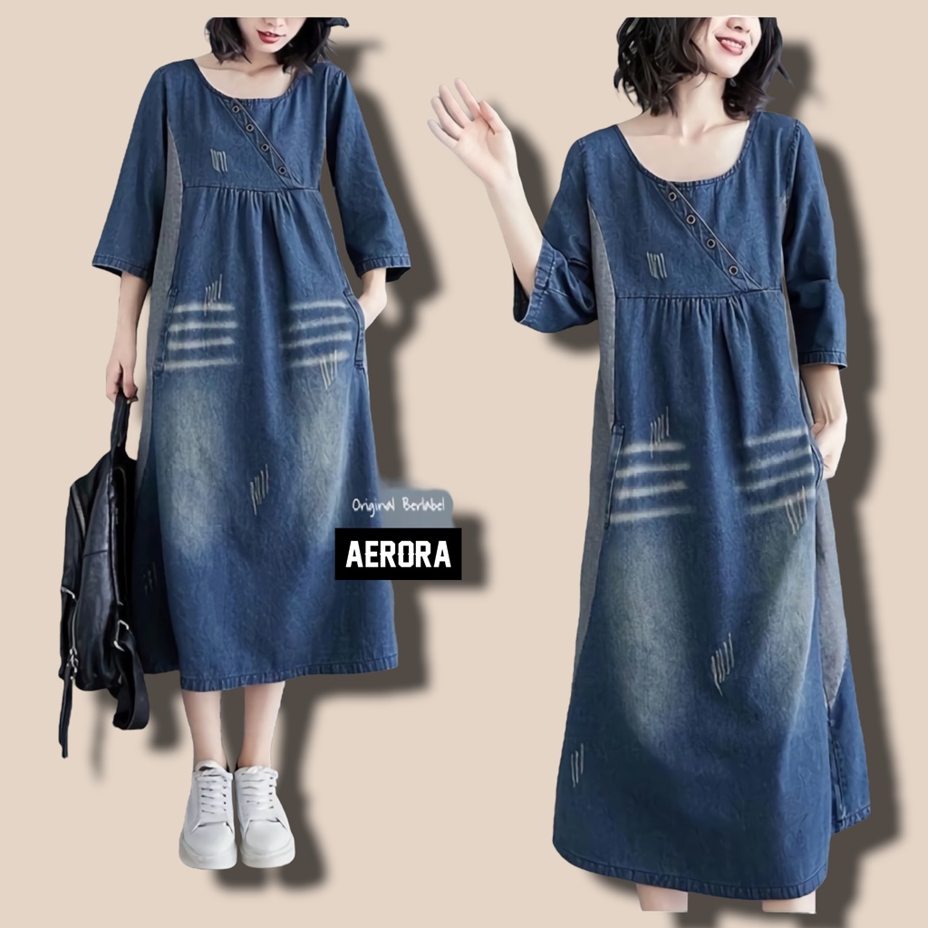 Clara Midi Dress Dres Jeans Korea Jumbo Muslim Korean Style Wanita Terbaru 2022 Premium Import Ld 120 P 125 Allsize