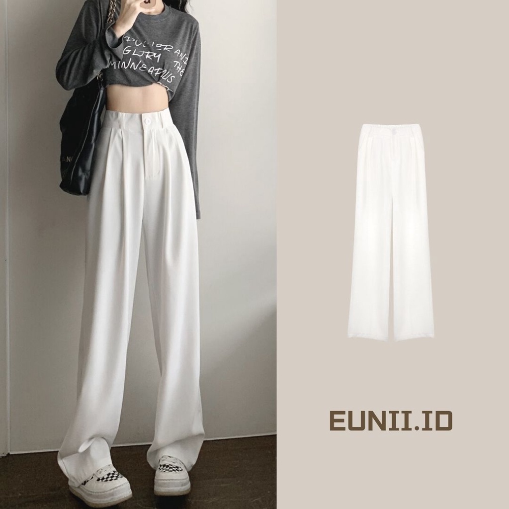 EUNII Celana Panjang Putih Casual Straight High Waist Pants Korean Style