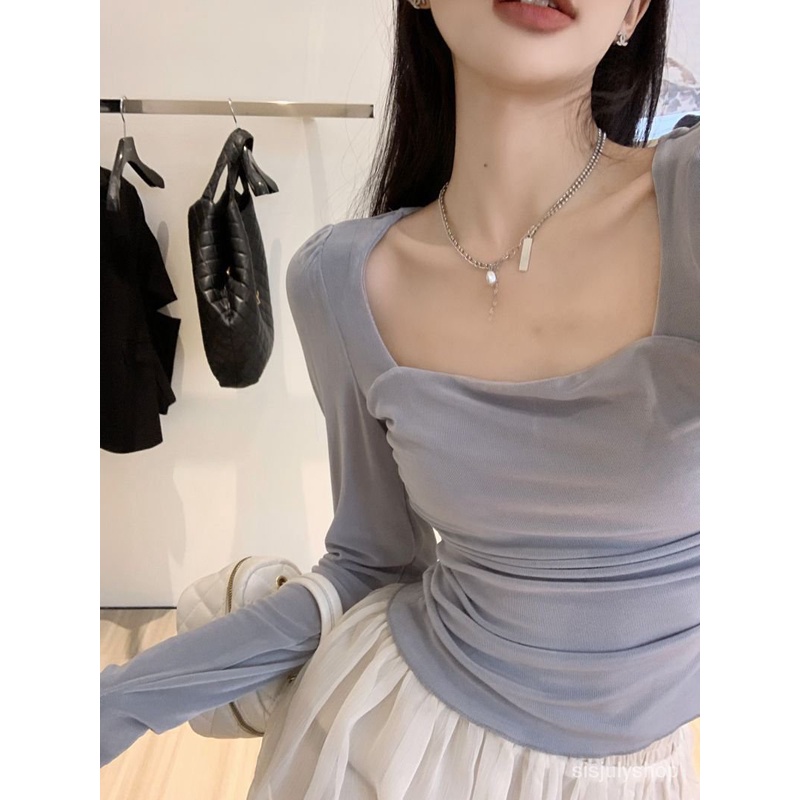 [✅BISA COD] #Sisjuly# Atasan kemeja kaos lengan panjang leher persegi pelangsing pinggang musim semi