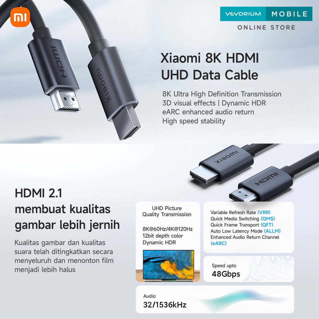 Xiaomi Mi 8K UHD Kabel HDMI 2.1 Cable 1.5M Kabel 150cm HDR 3D eARC VRR QMT QFT ALLM 1.5 Meter Freesync 4K 120hz 8K Ultra HD 60hz