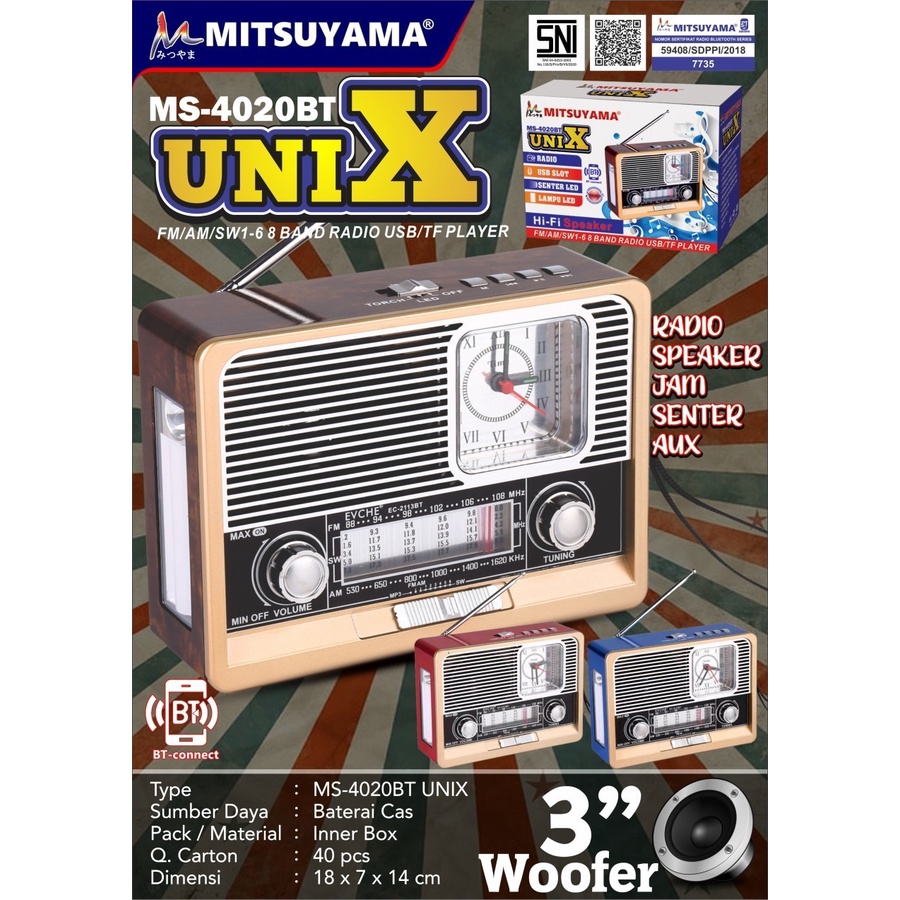 SWK0 Radio Speaker Jam Senter AUX Mitsuyama MS-4020BT UNIX 3" Woofer Cas/Radio Speaker Cas