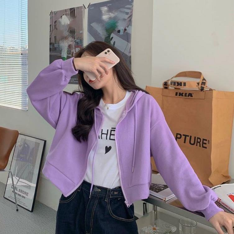 ↤ JAKET WANITA CROOP HOODIE ZIPPER LILAC - JAKET WANITA SIAP KIRIM 29N