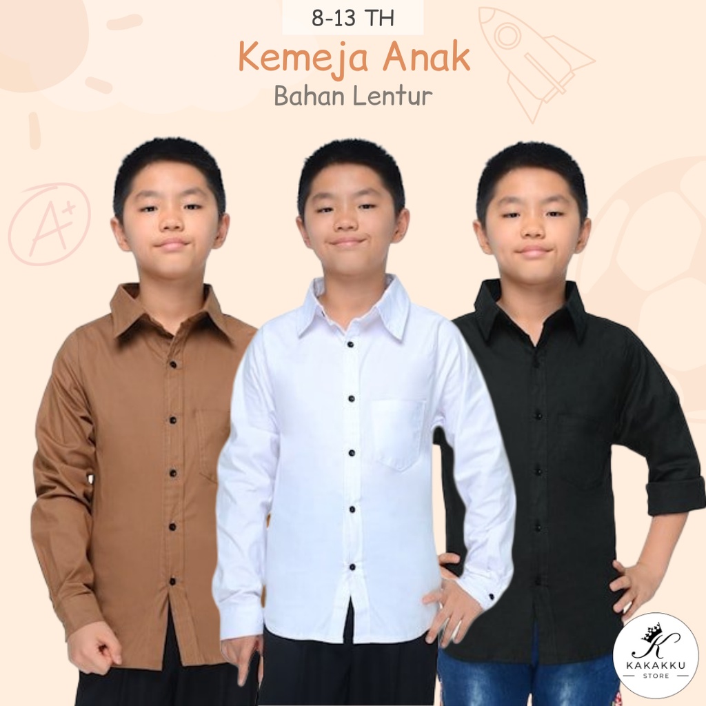 Kemeja Polos Anak Laki Laki Umur 8-13 Tahun Lengan Tangan Panjang Bahan Katun Stretch Lentur Nyaman 