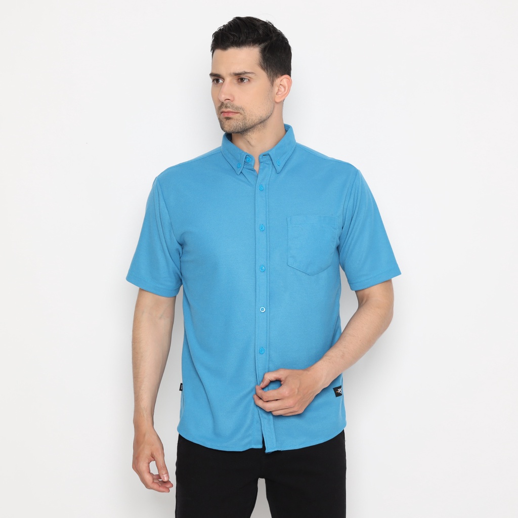 RS31 Baju Kemeja Michigan Shirt Turquoise Blue Basic Cowok Jumbo - Kemeja Polo Pria Dailywear Lengan Pendek Santai Warna  Biru Turkish Super Big Size