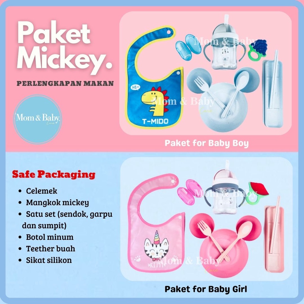 Alat MPASI Paket Hemat Mickey Perlengkapan Makan Bayi Sendok Mangkok Garpu Botol Teether Sikat Silikon