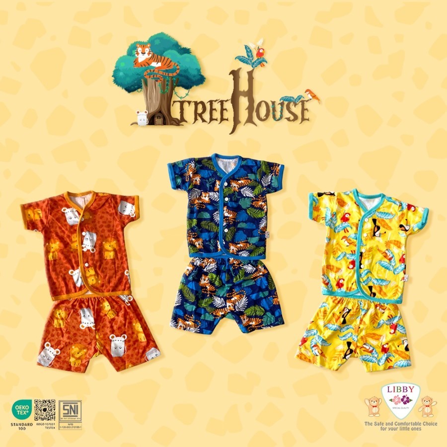 Libby Stelan Baju Lengan Pendek Kancing Depan &amp; Celana Pendek - Tree House Series (isi 3Pcs) Baju Bayi