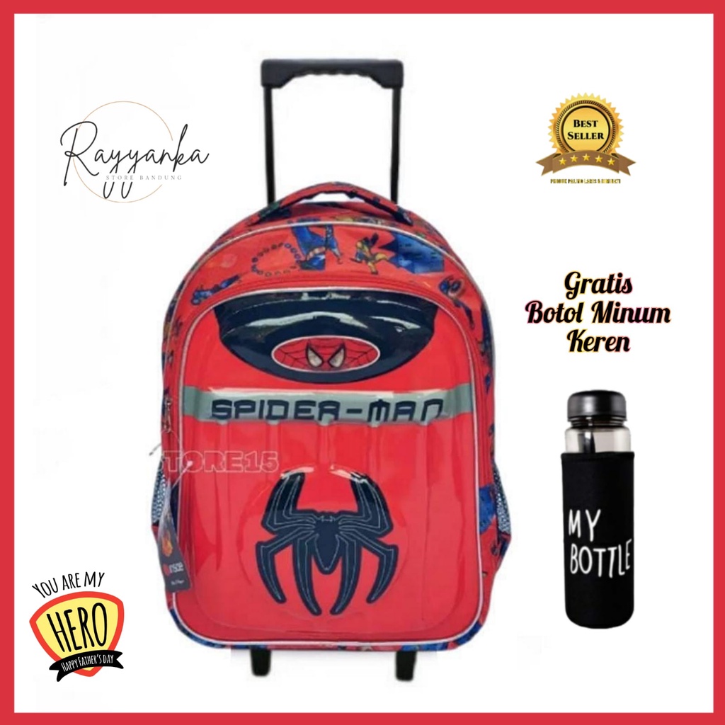 Tas Ransel Troli Anak Laki Laki Tk Paud Sd Motif 3D Spider Led Menyala Free Botol Minum