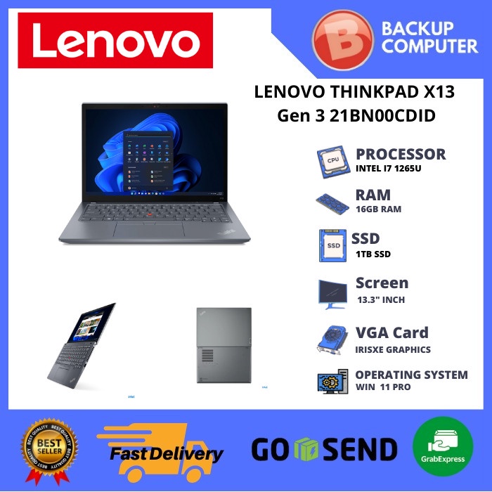 Lenovo ThinkPad X13 Gen 3 Laptop Intel Core i5 16GB 512GB SSD 13.3" Hitam