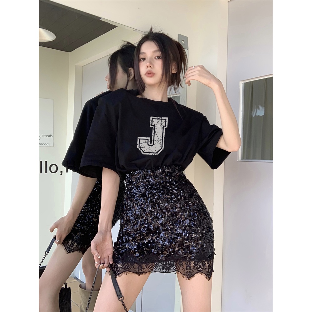 EUNII T-shirt Lengan Pendek Retro Letter J Korean Style/Kaos Atasan Wanita/Baju Kaus Oversize Wanita/Kaos Wanita