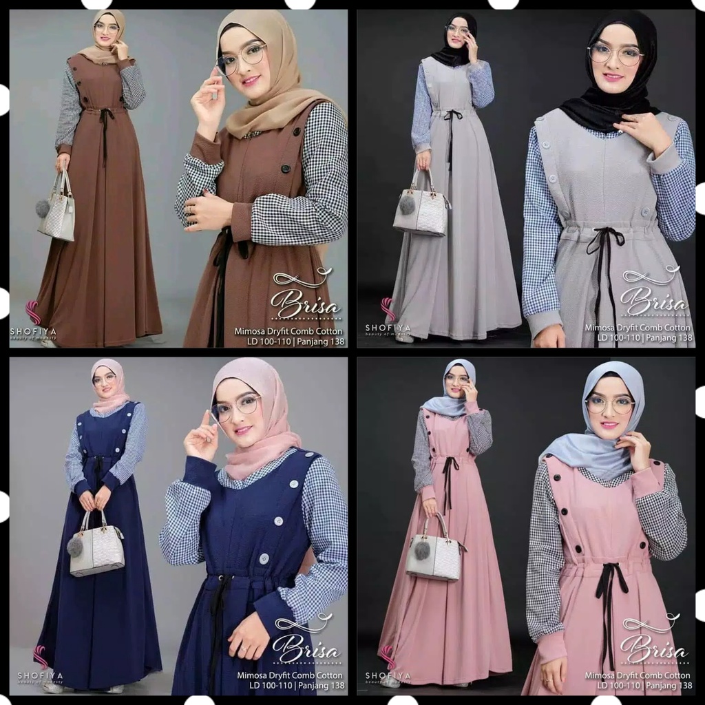 Bressa - Gamis Baju Dress Muslim Wanita Kondangan Tali Pita Depan Kancing Kemeja Tangan Lengan Panjang Motif Kotak Kombinasi Warna Polos Dusty Pink Muda Biru Tua Navi Mocca Coklat Milo Grey Abu Abu/ Dress Fashion Muslim Wanita Busui Rangkapan Kemeja Kotak