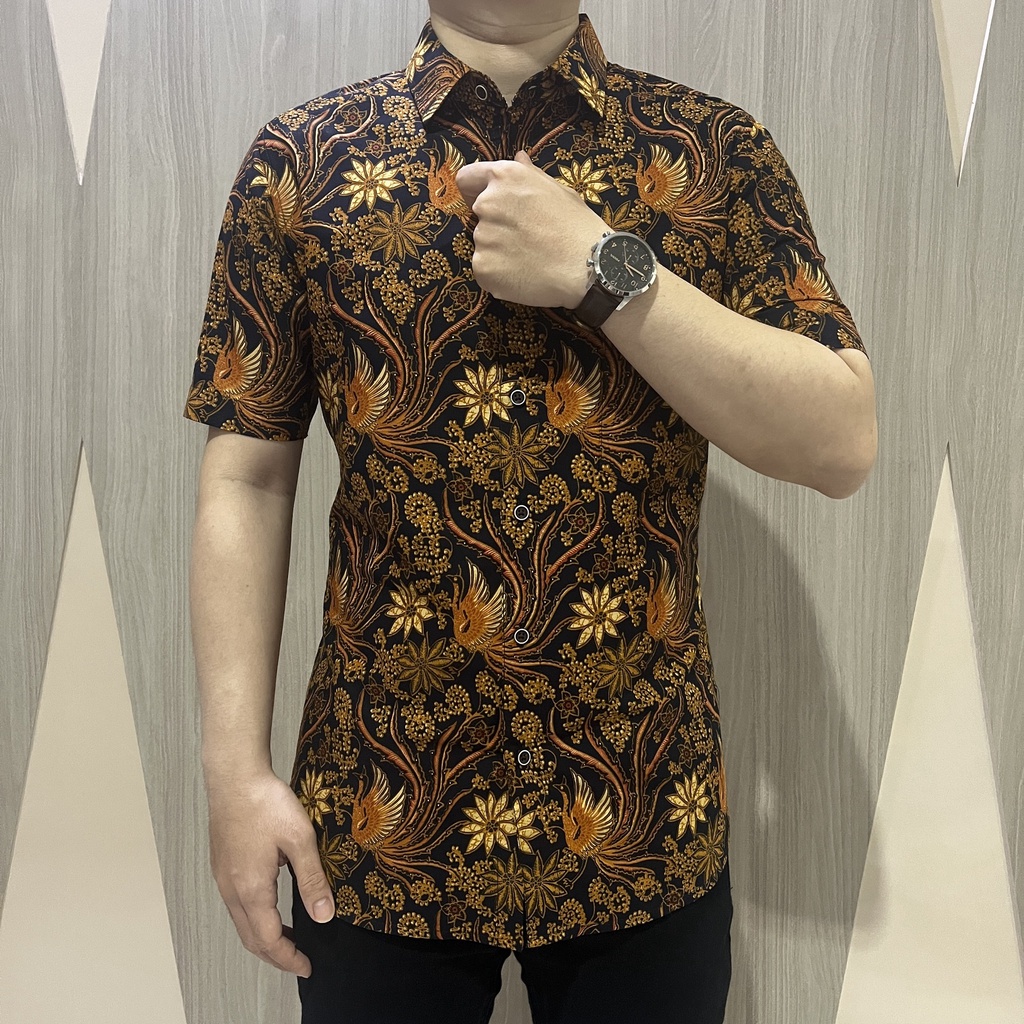 [GRIDLINE - S277 Bronze Brown &amp; S345 Dark Navy - Midnight Black] Kemeja Batik Slimfit Pria Katun Lengan Pendek Motif Keren Adem Bagus Murah Menyerap Keringet Elegan Kantor Kerja M-XL