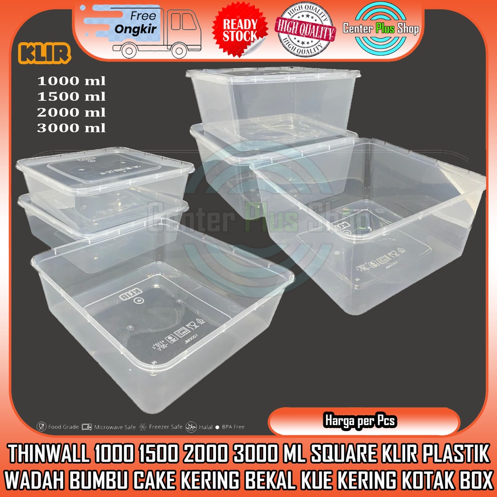 THINWALL KLIR 1000 1500 2000 3000 ML MILI SQUARE TEMPAT PENYIMPANAN WADAH KOTAK PLASTIK POLYPROPYLEN