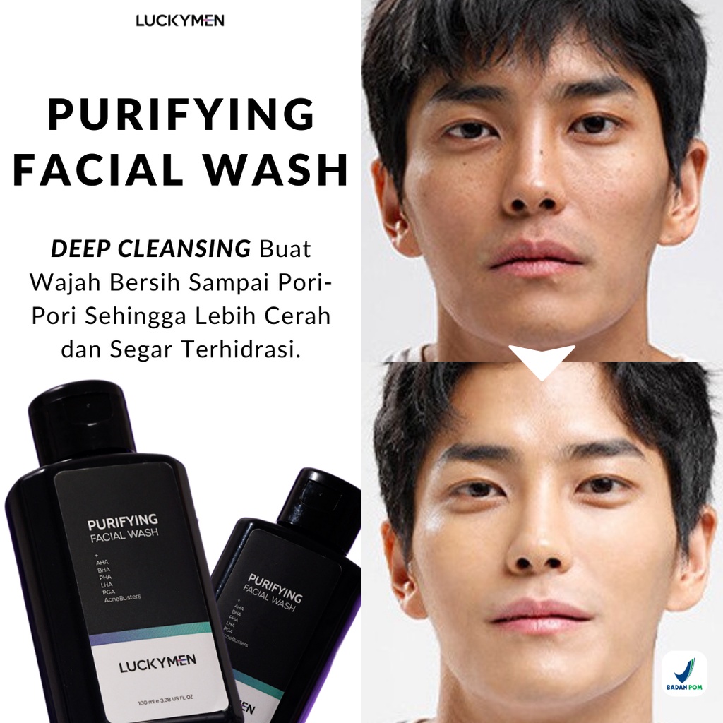 Sabun Muka Menyembuhkan Mencegah Membersihkan mengurangi Meredakan jerawat kemerahan Iritasi Minyak belebih Kotoran Noda Pori Pori Kulit Wajah Luckymen Purifying Facial Wash Skincare pria Ampuh Original BPOM