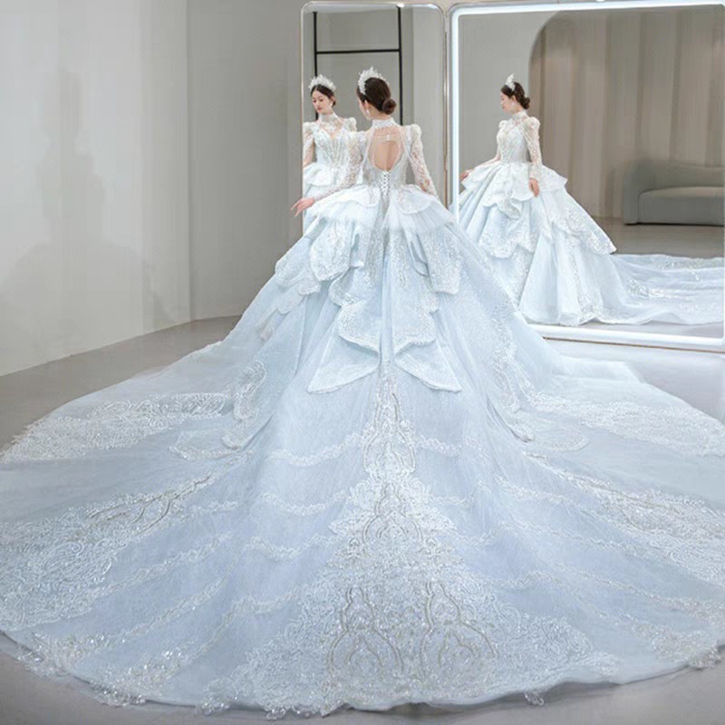 Baby Biru Gaun Pengantin Lengan Panjang Wanita Long Tail Bridal Wedding Dress Princess Bright Sequin Lace Beaded Wedding Gown Gaun Pengantin Wanita Ekor Panjang