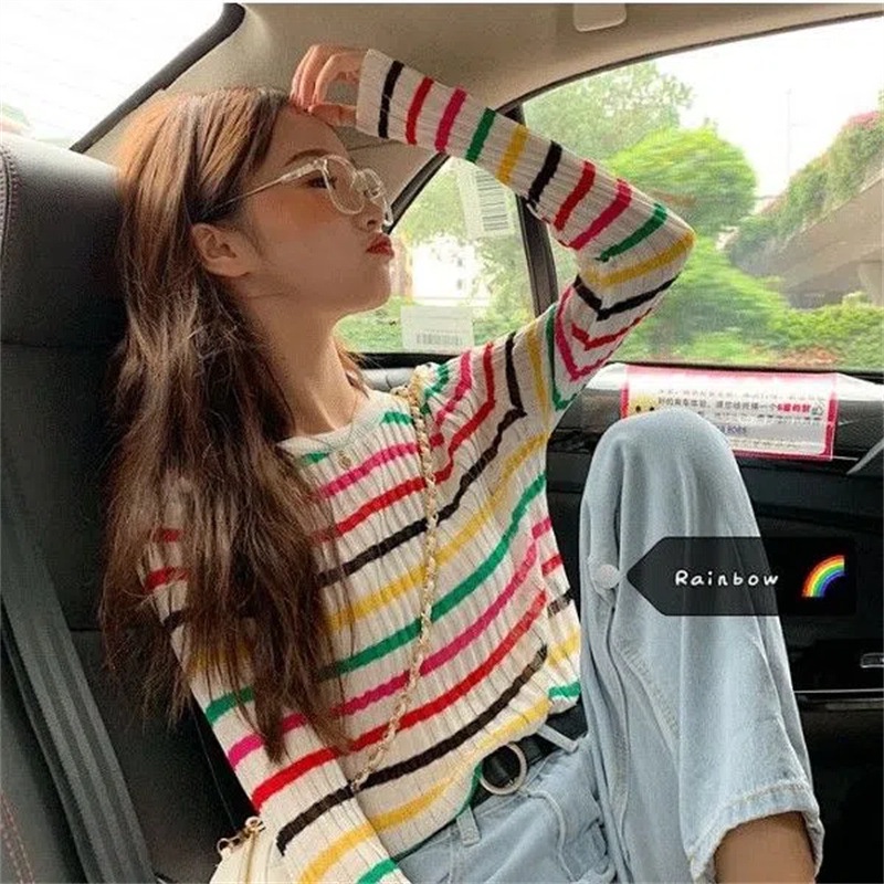 AJWShop ZU Atasan Rajut Wanita Lengan Panjang Rainbow Korean Style Cute Import Premium | Baju Rajut Lengan Panjang Pelangi Garis Garis Salur Rainbow | Kaos Rajut Import Lengan Panjang | Atasan Wanita Kekinian Korean Style Import Premium | Baju Rajut