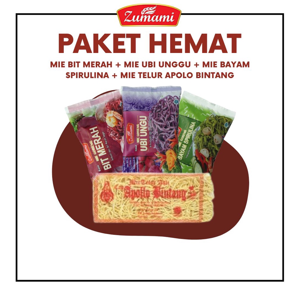 

PAKET HEMAT ZUMAMI / MIE GORENG BIT MERAH / MIE GORENG BAYAM SPIRULINA / MIE GORENG UBI UNGGU / MIE TELUR APOLLO BINTANG / SAYUR / MIE GORENG / PAKET HEMAT