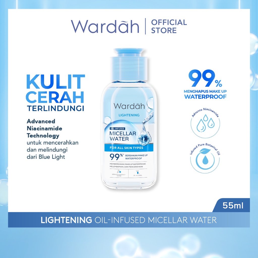 WARDAH Lightening Oil-Infused Micellar Water Indonesia / Pembersih Wajah 55ml 105ml / For All Skin Types / 99% Bersihkan Make Up Waterproof Melembabkan Mencerahkan / Facial Wash Foam Cleanser Cleansing Sabun Cuci Muka Bersih / Skincare Face Care Series