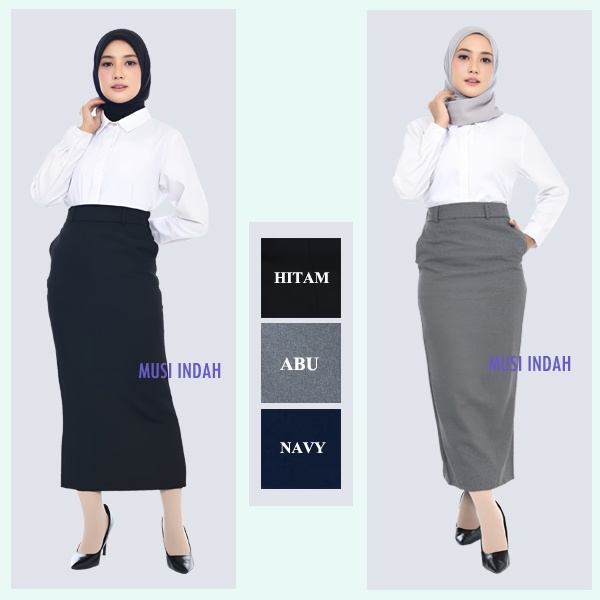 Rok Panjang Hitam Polos Model A line dan Span Pinggang Karet dan Ada Kantong Saku Wanita Bahan Dasar Formal Untuk Kerja Kantor Kuliah