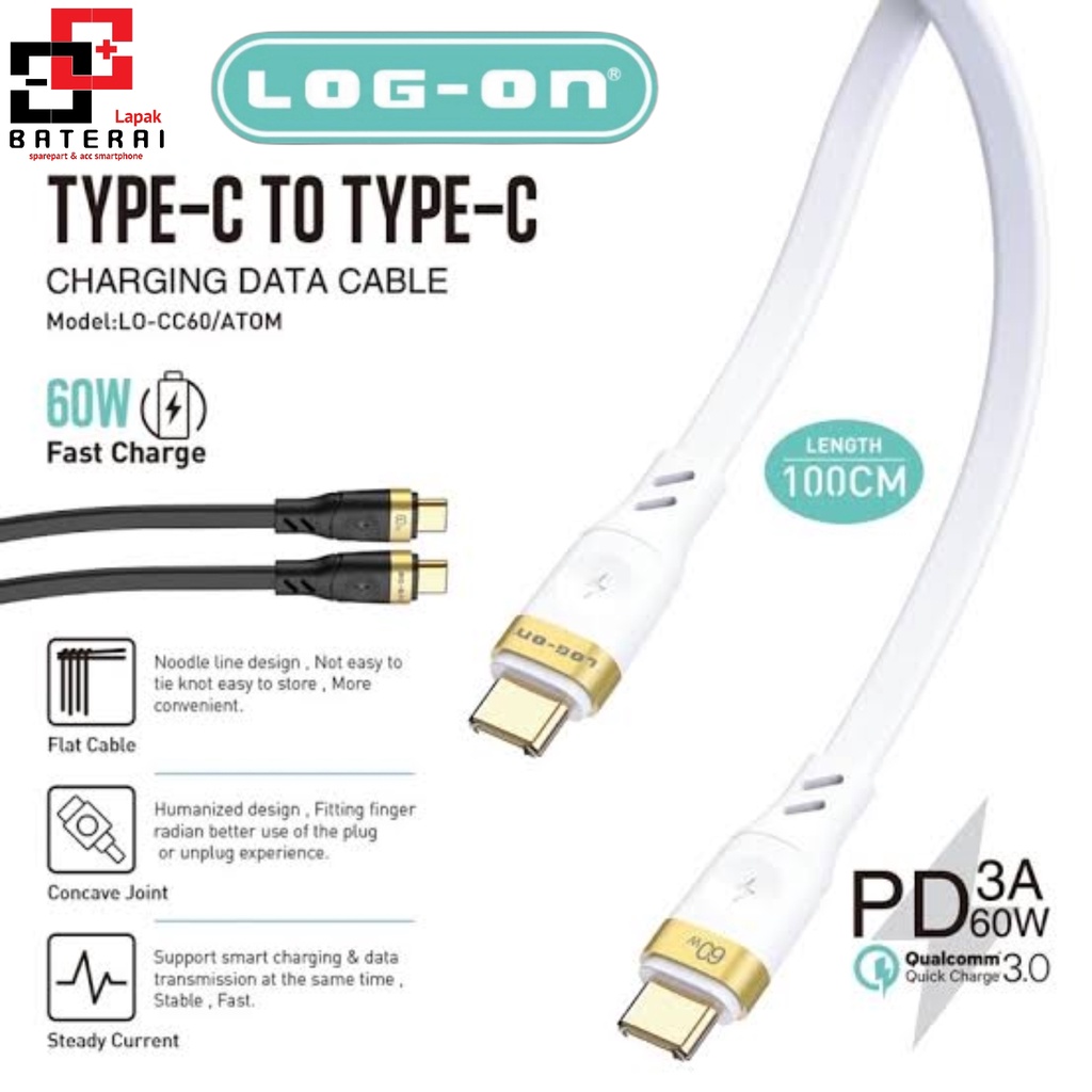 LOG - ON CC60 Atom Kabel Data Type C To Type c 60W | Kabel Charger C to C 3A High Speed Charger