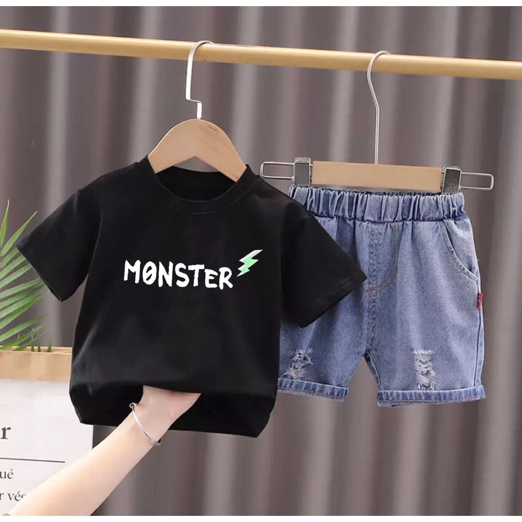 SETELAN ANAK SETELAN KAOS CELANA PENDEK DENIM ANAK UMUR 1-5 TAHUN SETELAN MONNSSTER SEKATE BAJU PAKAIAN ANAK LAKI LAKI PEREMPUAN OUTFIT ANAK MASA KINI TERBARU PAKAIAN ATASAN ANAK KASUAL TERMURAH