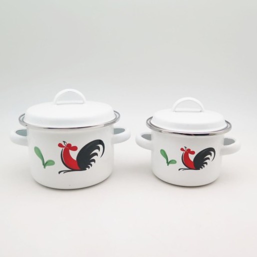 Panci Set Enamel Tutup Motif Ayam Model Tinggi | Saucepot Dutch White Kukuruyuk | 2 varian | Harga S