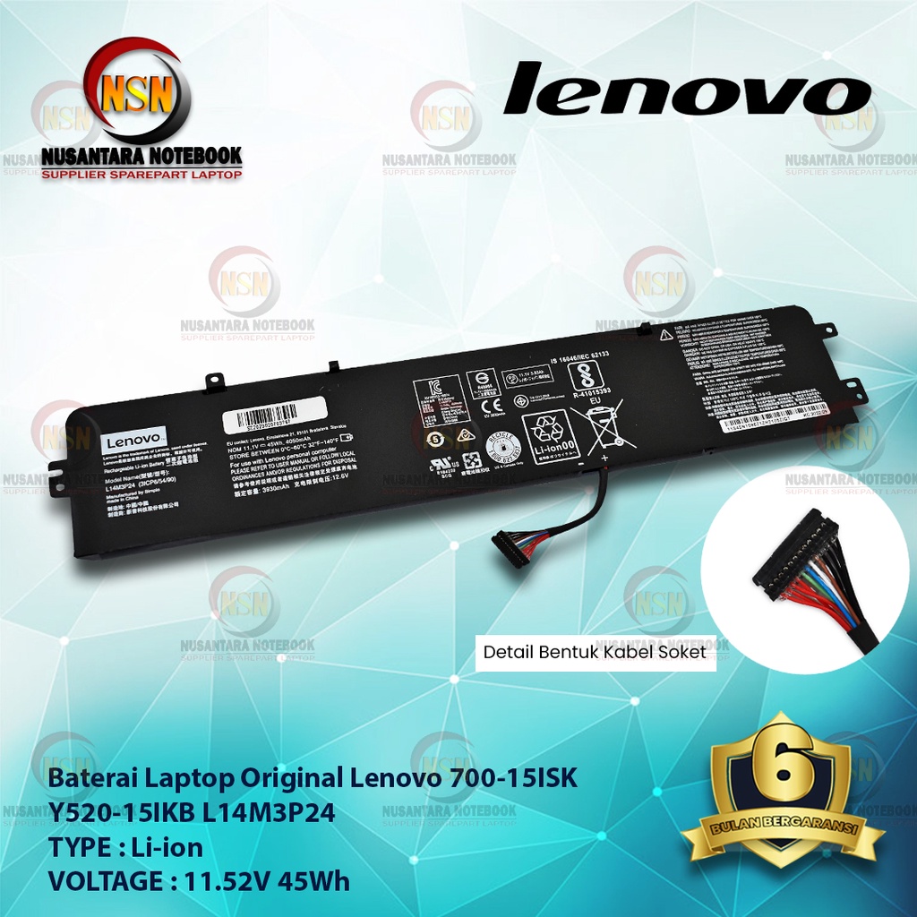 Baterai Laptop Original Lenovo Y520-15IKB L14M3P24 11.52V 45Wh