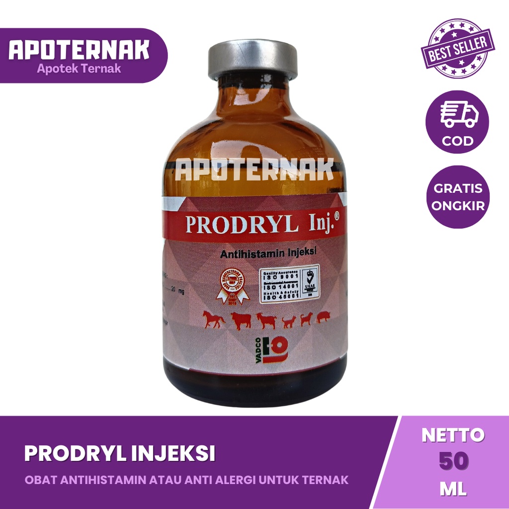 Obat Gatal PRODRYL Injeksi 100ml &amp; 50 mL | Obat Gatal Kambing Sapi Kelinci Kucing Anjing dll Antihistamin Anti Alergi | Mirip Vetadryl Sanbe | Untuk Sapi Kambing Kuda Anjing Kucing | VADCO | Apoternak