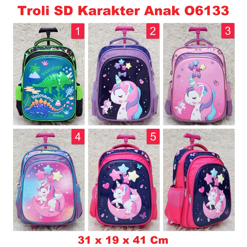 Troli Ransel Sekolah AnakSD Premium 3 Sleting  Unicorn Dino O6133