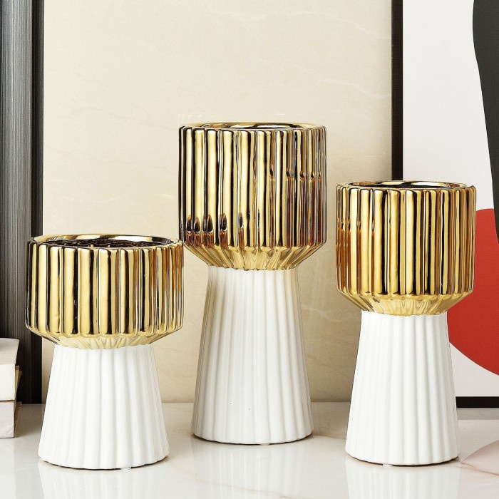 Vas Zello Vase Gold Vas Bunga Keramik Putih Hitam Gold Cantik Bergaris