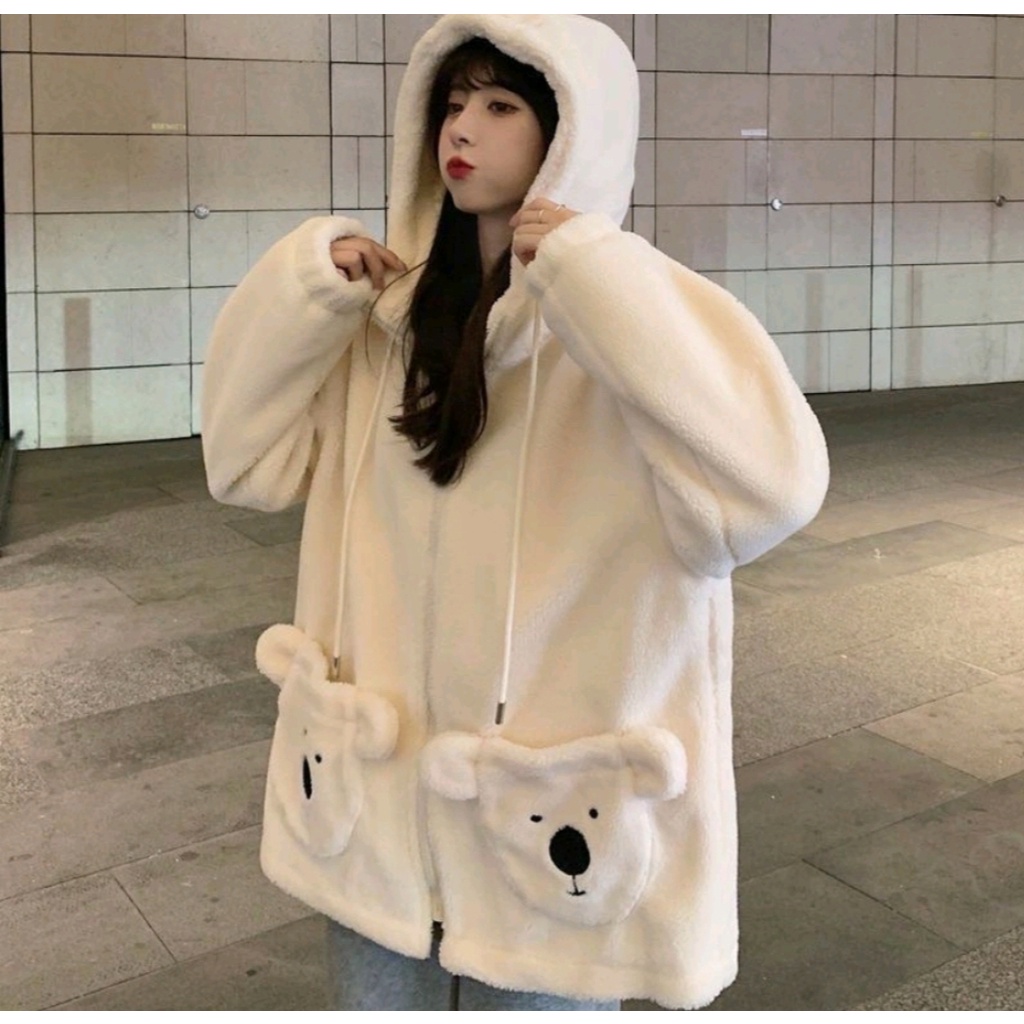 SWEATER JACKET KOALA HOODIE ZIP ATASAN WANITA ALA KOREAN FASHION KASUAL STYLE