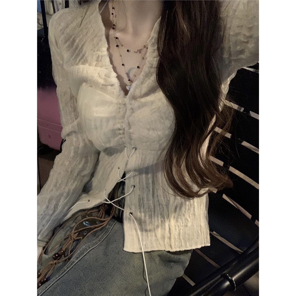 Red Kumikumi niche design sense strap V-neck long-sleeve shirt spring femininity all-match shirt slim top