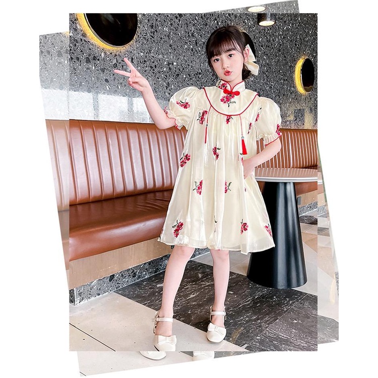 Dress Anak Perempuan Cheonsam Satin Merah Cream Impor