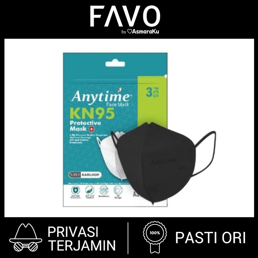 Masker Medis Anytime KN95 Protective Mask 5 Ply Earloop Black - 3 Pcs