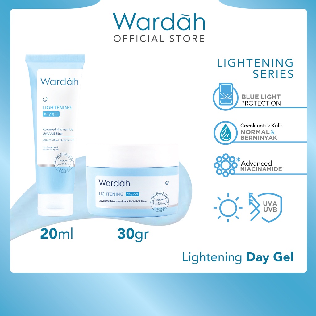 WARDAH Lightening Day Gel Indonesia / Pelembab Wajah 20ml 30g / Advanced Niacinamide UVA/UVB Filter / With UV &amp; Blue Light Protection / Normal to Oily Skin / Mencerahkan Melembabkan Moisturizer Glow / Skincare Face Care Series / Cream Krim Muka Pagi Night