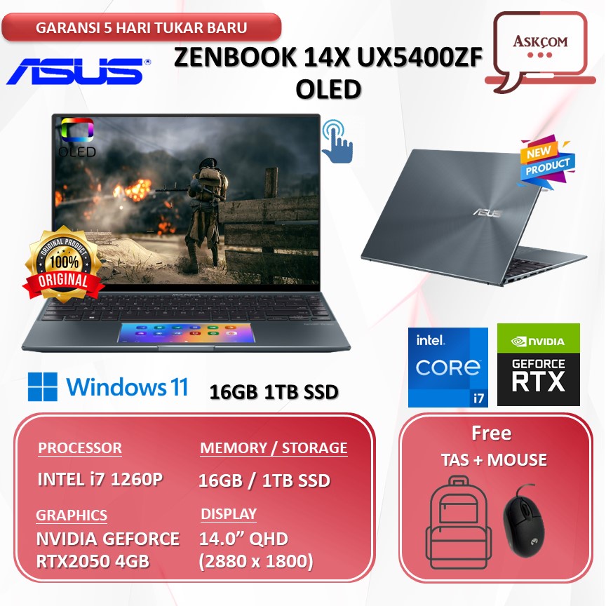 Laptop Asus ZenBook 14X UX5400ZF OLED TOUCH RTX2050 4GB i7 1260P 16GB 1TB SSD W11 14.0QHD 2.8K